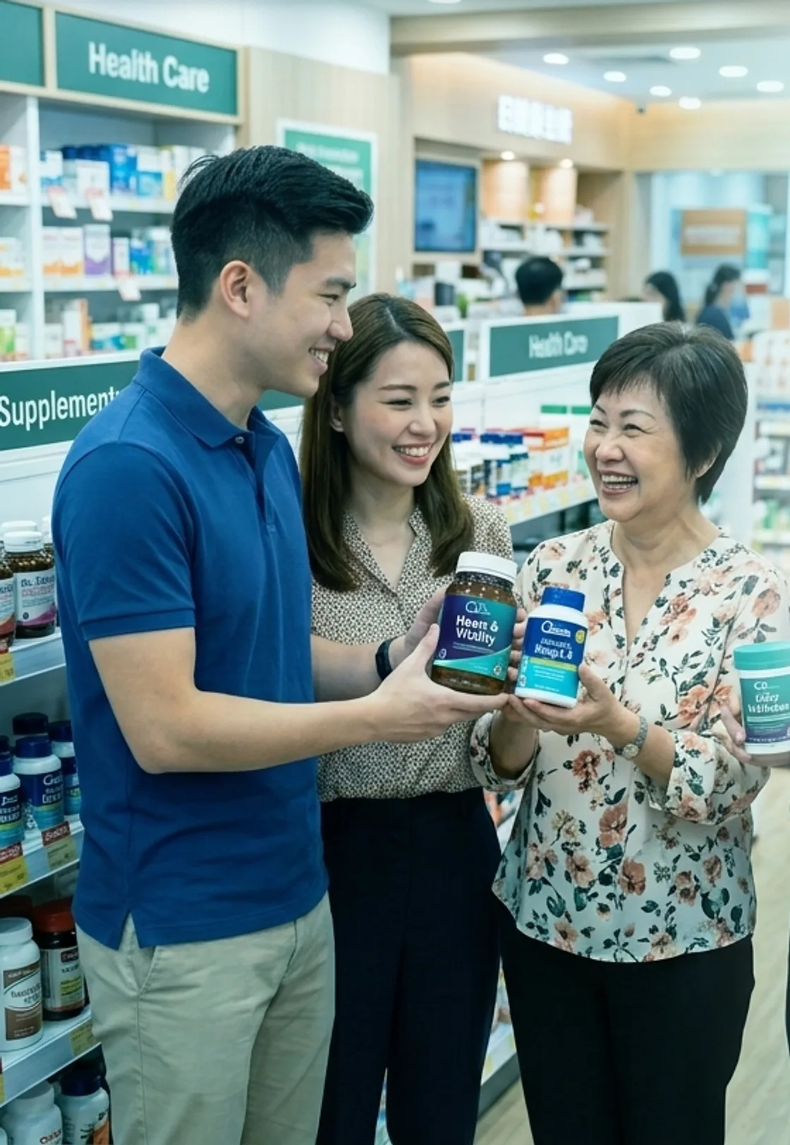 Three customers comparing health supplements together in a Singapore pharmacy